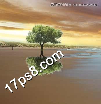 Photoshop使用素材合成云彩下海边孤树