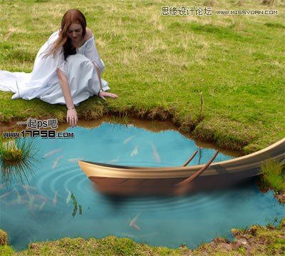 Photoshop合成池塘边戏水美女场景
