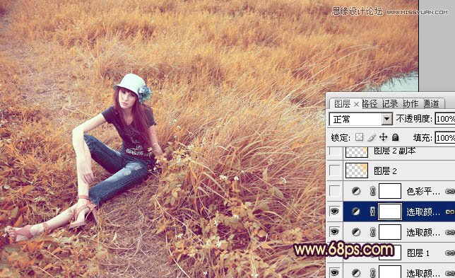 Photoshop调出做在草图上女孩优雅的黄色调