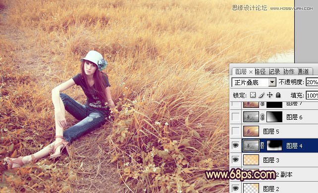 Photoshop调出做在草图上女孩优雅的黄色调