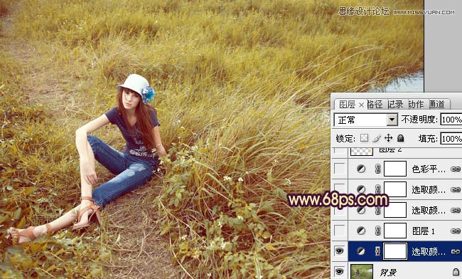 Photoshop调出做在草图上女孩优雅的黄色调