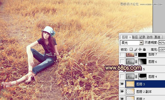 Photoshop调出做在草图上女孩优雅的黄色调