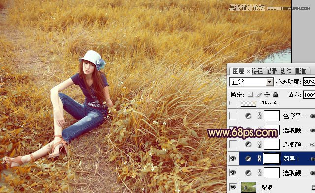 Photoshop调出做在草图上女孩优雅的黄色调