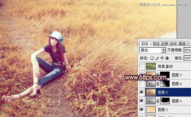 Photoshop调出做在草图上女孩优雅的黄色调