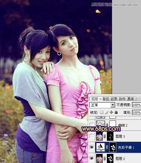 Photoshop调出外景人物柔美的紫色调