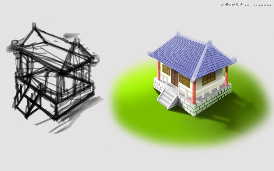 Photoshop绘制游戏场景里的房子过程