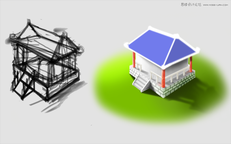 Photoshop绘制游戏场景里的房子过程