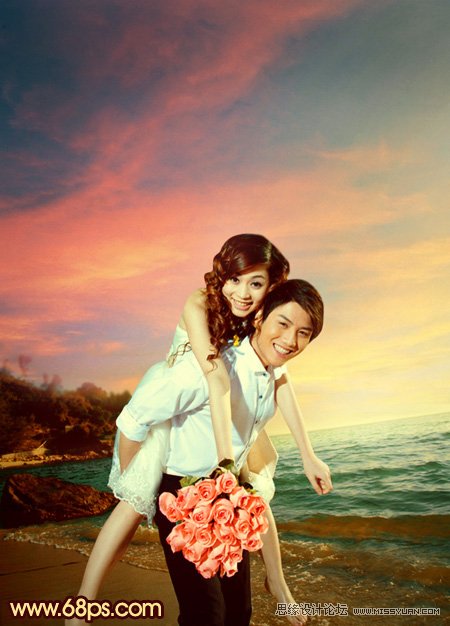Photoshop给海景婚片添加漂亮的晚霞