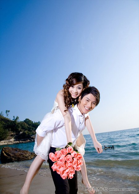Photoshop给海景婚片添加漂亮的晚霞