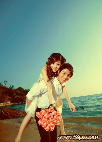 Photoshop给海景婚片添加漂亮的晚霞